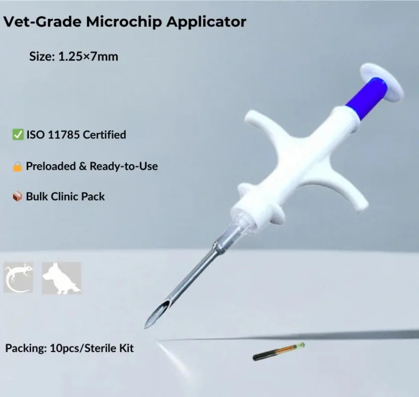 Bulk 10 FDX-B RFID Microchips - 1.25x7mm ISO Bioglass Tags & Preloaded Injectors
