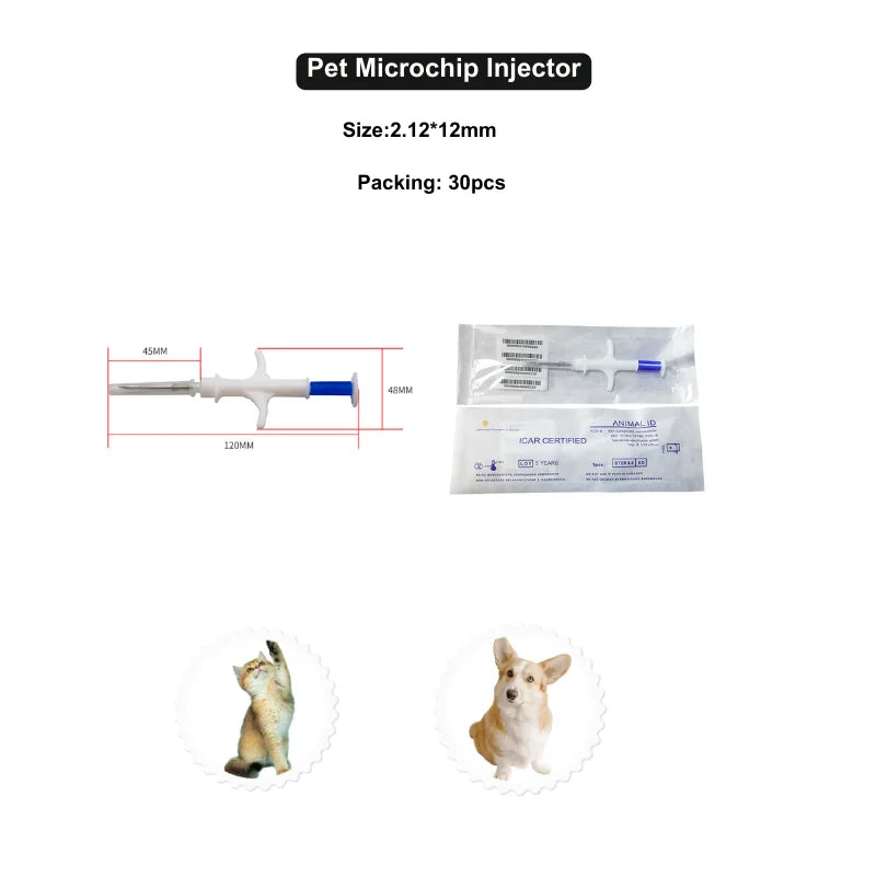 30 Units Animal Id Tags 2.12*12mm Dog Microchip ISO11784/785 FDX-B Smart Card with Applicator for Pet Animal Identification