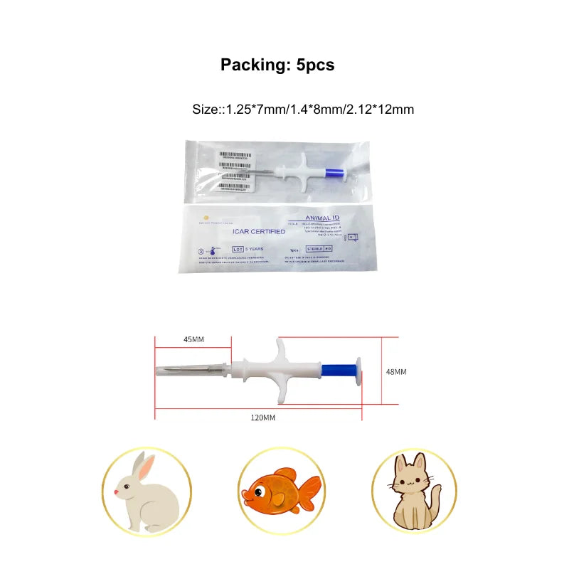 ISO-Compliant RFID Pet Microchip 5-Pack - 2.12x12/1.4x8/1.25x7mm Bioglass Implants w/ Preloaded Syringes for Dogs/Cats