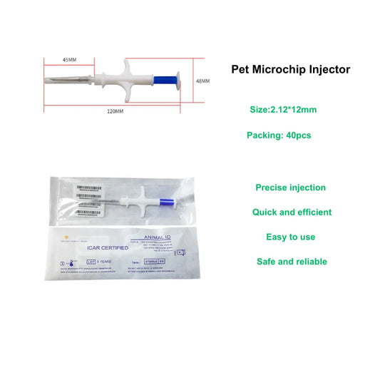 Glass Microchip 2.12*12mm Smart Pet Chips Animal Id Tag with Needle Injector 40 Units Veterinary Syringes for Dog Cat